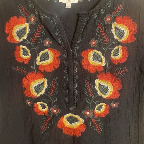 Umgee Womens Boho Dress Black Embroidered Flowers Short Sleeve Pockets Size L - Picture 2 of 8