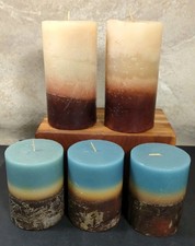 5 Textured Pillar Candles Layered Wax Pier 1 Vtg Style Blue Tan Brown 4" 6"