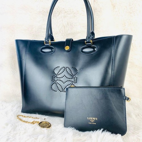 LOEWE Leo Anagram Tote Bag Dark Navy Leather Pouch Gold Auth