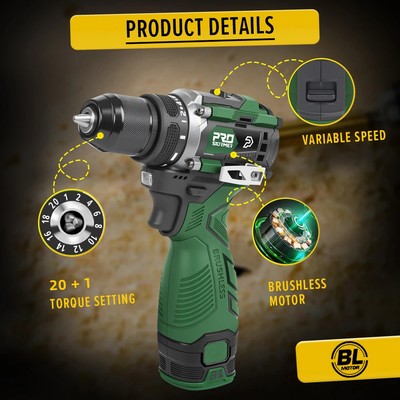 17V Brushless Cordless Electric Drill 60Nm 20+1 Driver LED Light Home DIY