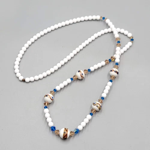 Vintage White Glass Art Bead Necklace Estate Costume Jewelry