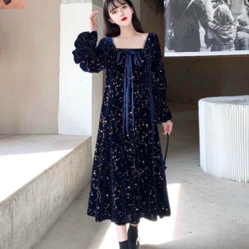 Ladies Velvet Long Princess Dress Shiny Star Velour Long Puff Sleeve Square Neck - Bild 11 von 12