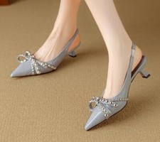 Chic Women Pointy Toe Slingback Rivet Stilettos Low Heels Leather Bowknot Shoes