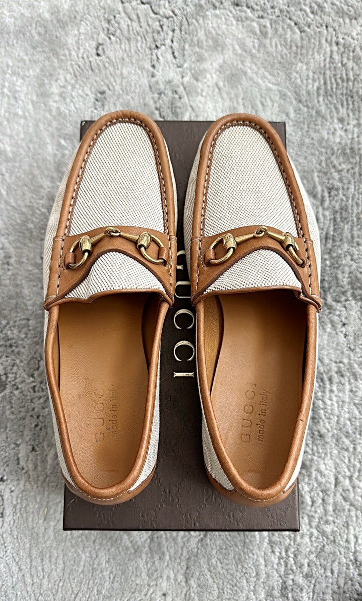 Authentic Gucci Gold Horsebit Mens Leather Trim Loafer US7.5  display picture 2