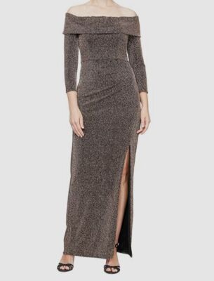 Alex Evenings Long Metallic Knit Off-The-Shoulder Dress w/Long Sleeves : 14