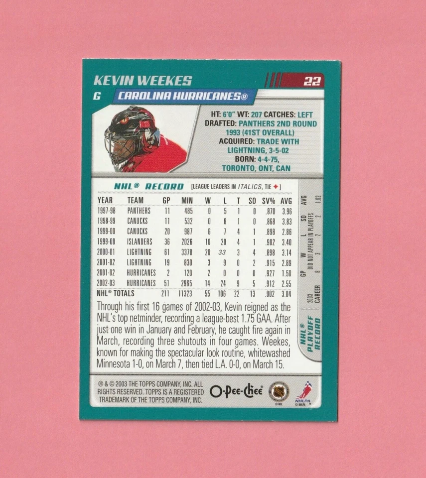 2003-04 O-Pee-Chee Base KEVIN WEEKES #22 Carolina Hurricanes - Image 2 of 2