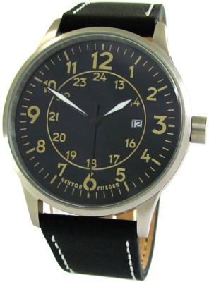 HEKTOR Flieger Made in Germany Herrenuhr Quarz Edelstahl Lederband schwarz 42mm
