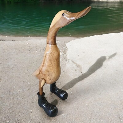 Deko Holz Ente Gummistiefel Bambus Vogel Skulptur Statue Aufsteller Laufente