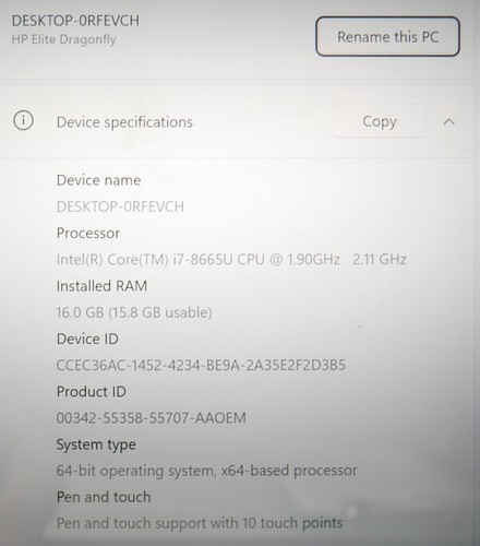 HP Elite Dragon fly 13.3" Core i7-8665U 16GB Ram 256GB SSD Windows 11 Pro Touch - Picture 4 of 8