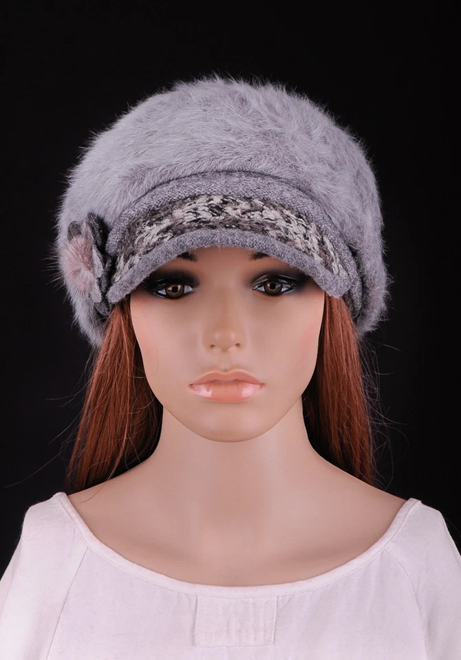 JM387 Gris Fresco Ala Floral Cálida Imitación Piel Mujer Invierno Sombrero Gorra de Newsboy Foto 2 de 4