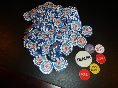1000 Blue Royal Flush Spread Fan 11.5 gram Poker Chips + Dealer Button Set