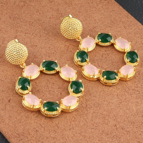 Checker Cut Chalcedony Quartz Gold Plated Wedding Jewelry Stud Dangle Earrings - Picture 63 of 64