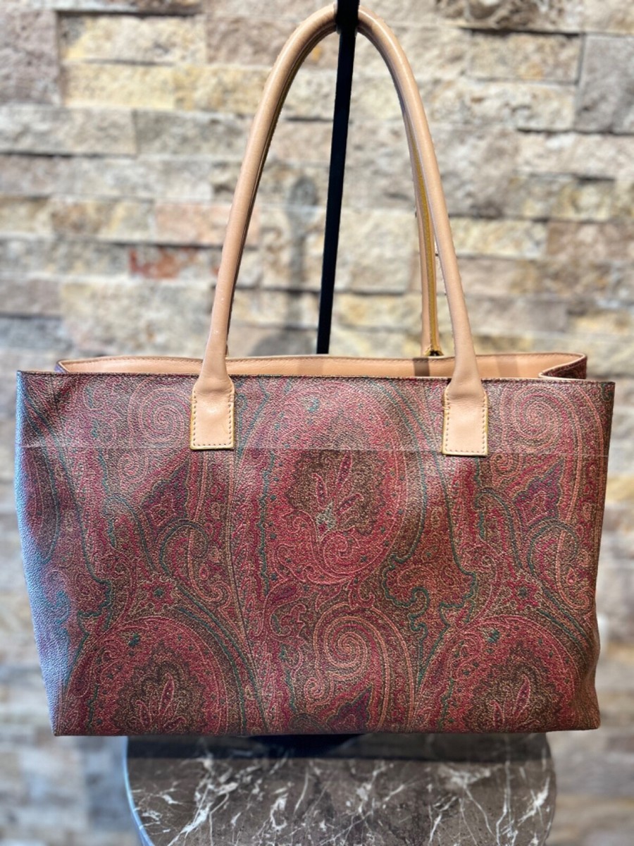 ETRO Paisley Hand Bag Leather Wine Red Brown Beige Used Authentic 4F27462
