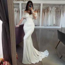 Vintage Satin Mermaid Wedding Dresses Long Sleeve Lace Off Shoulder Bridal Gowns
