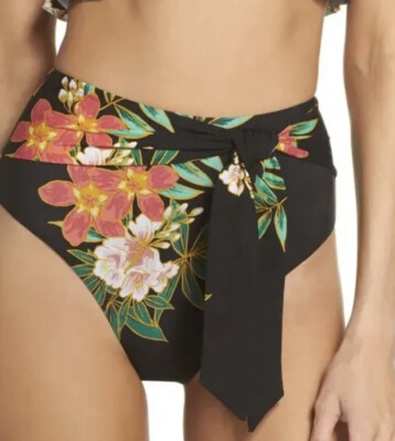 Isabella L87216 Women Black Rose Tropicali Sash High Waist Bikini Bottoms Size M