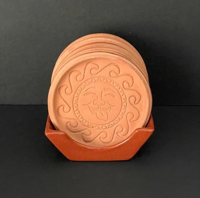 Wieland Ware Terracotta Sun Face Terra Cotta Celestial 5 Coasters & Holder