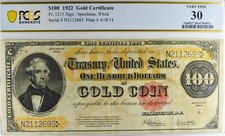 1922 $100 GOLD CERTIFICATE FR 1215 SPEELMAN PCGS BANKNOTE VF 30