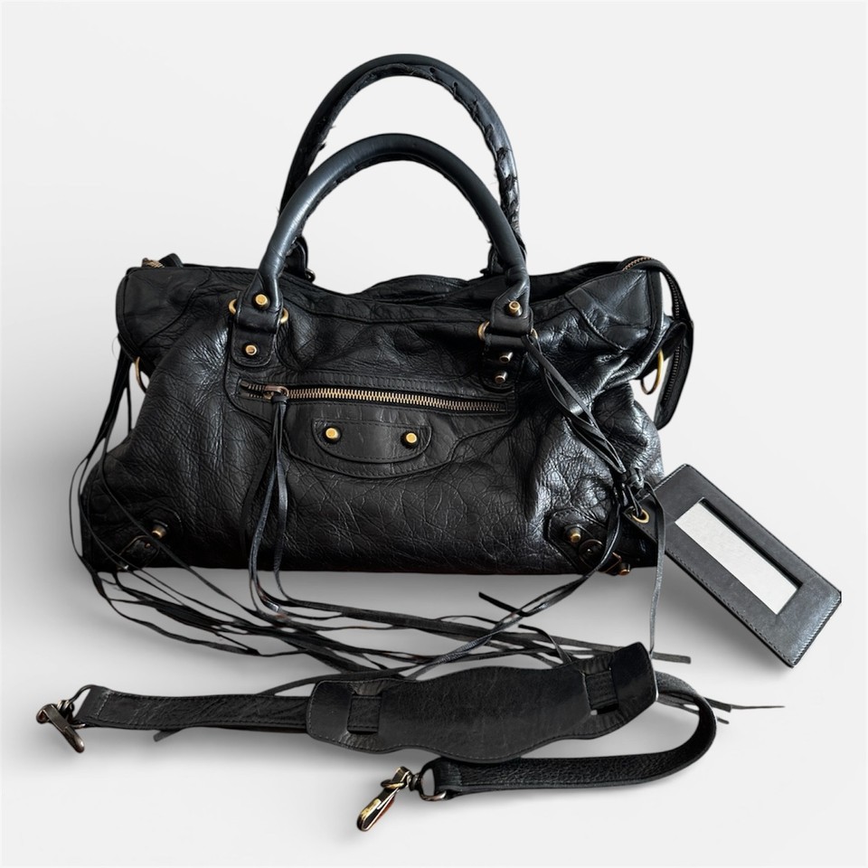 BALENCIAGA The City 115748 2Way Handbag Black Leather Y2K Editors Bag Authentic
