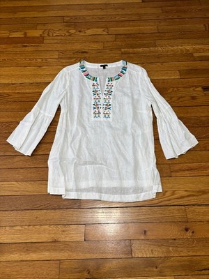 Talbots Womens 100% Linen Blouse Sz Large White Bell Sleeve Embroidered Neck
