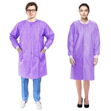 Purple SMS Disposable Lab Coat 3 Pockets Snaps Knit Cuffs 50 Pack Medium 43 in