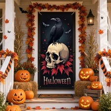 Halloween Raven Skull Door Banner Gothic Crow Backdrop Front Door Decor