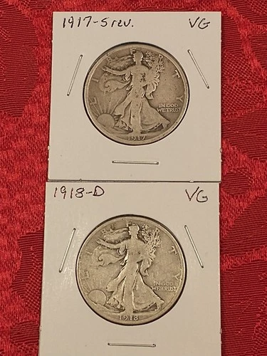 1917-S Rev. & 1918-D Walking Liberty Half Dollars, VG Condition