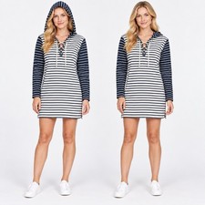 Chaps Women L Nautical Navy White Striped Lace Up Hooded Sweatshirt Dress Cotton