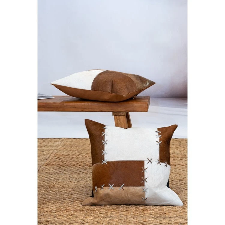 Patchwork Cowhide Leather Cushion Cover - Rustic Luxe Decor - Image 4 of 4
