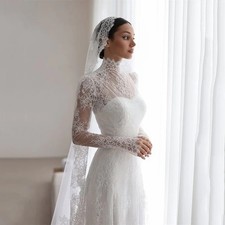 Lace Appliques Wedding Dress A-Line High Neck Floor-Length Bride Gown Customized