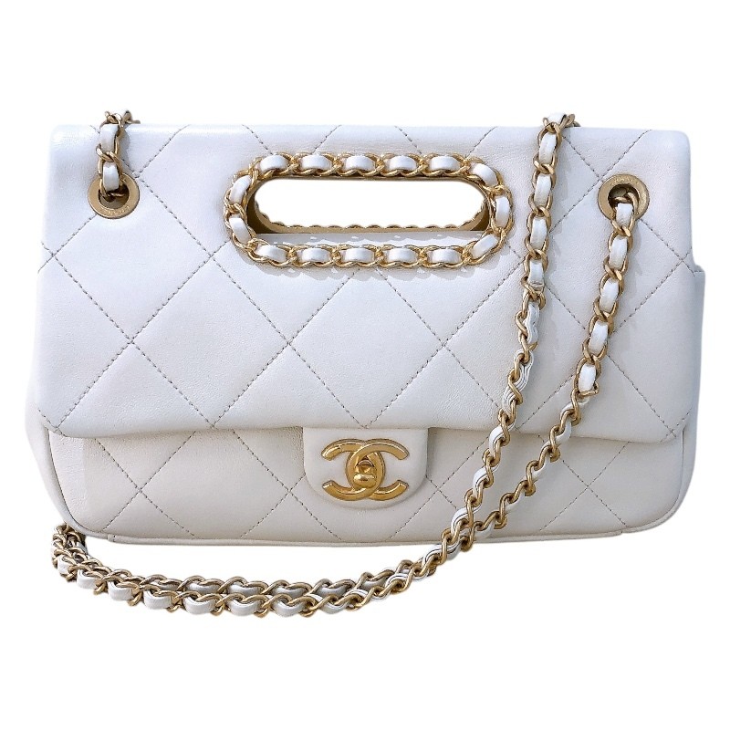 CHANEL Small Matelassé Flap Bag in White Calf Leather with Gold Hardware AS1466