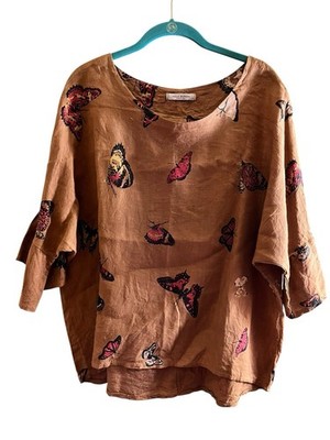 VIOLA BORGHI Butterfly Print 100% Linen Top 3/4 Sleeve Made in Italy Size Large