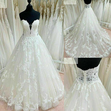 White Strapless Sweetheart Lace Applique Tulle A-Line Wedding Dress Bridal Gowns