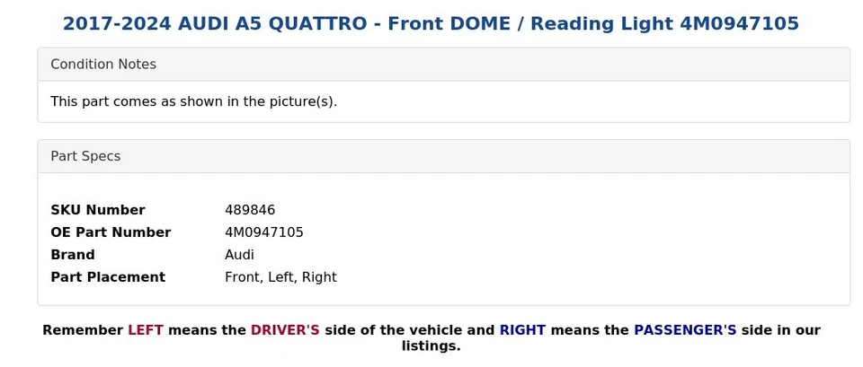 AUDI A5 QUATTRO 2017-2024 - cúpula delantera / luz de lectura 4M0947105 Foto 4 de 4