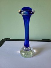 A MURANO BLUE & CLEAR GLASS TRUMPET BUD VASE: 7.75" TALL: VERY GOOD CONDITION