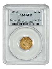 1857-S $2.50 PCGS XF45 - Liberty Head $2.5 - Scarce S-Mint Quarter Eagle