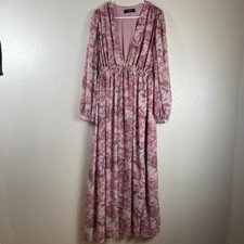 OPT XL Pink Floral Maxi Dress V Neck Long Sleeve Flowy