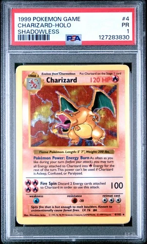 1999 POKEMON GAME SHADOWLESS #4 CHARIZARD-HOLO PSA 1