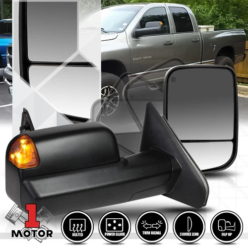 [Pair] Power+Heated Flip Up w/Amber LED Signal Towing Mirror for 02-09 Dodge Ram