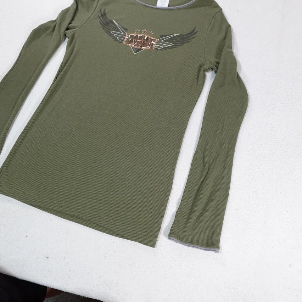 Camisa Harley Davidson para mujer grande verde manga larga con logotipo alado top de motociclista Foto 2 de 4