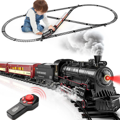 RC Train Set, Alloy Steam Locomotive with Light-Up Cars and Tracks