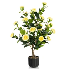 38" Artificial Camellia Tree Fake Tree Faux Floral Plant for Decoration Yellow