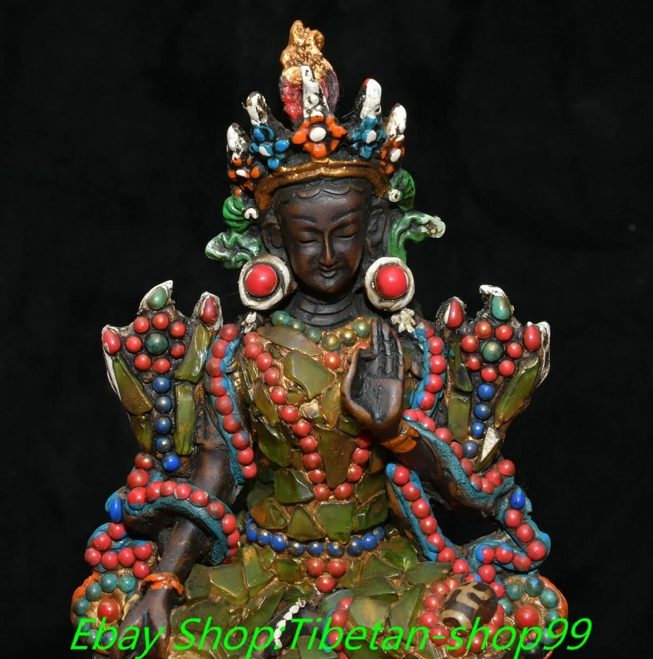 6'' Old Tibet Bone Inlaid Gems Dzi Bead Green Tara Mahayana Buddhism Statue - Image 2 of 4