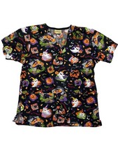 Tafford Scrub Top Womens XS Black Halloween Print Ghost Pumpkin Spider