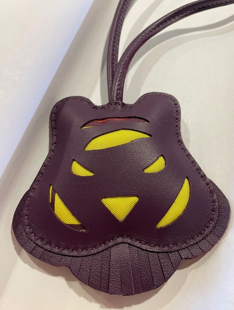 Hermes Petit H Tiger Head Bag Charm in Deep Purple Lambskin