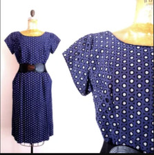 Vintage 1950s Large Navy Peekaboo Gingham Flocked Dress - Large