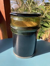 Ancien pot à tabac en verre + métal + cuir noir + liège - tabatière vintage 1960