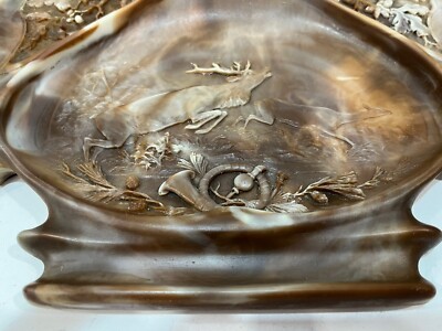 Vintage Marbled Brown Genuine Incolay Stone Dresser/Desk Trinket Tray Elk/Deer