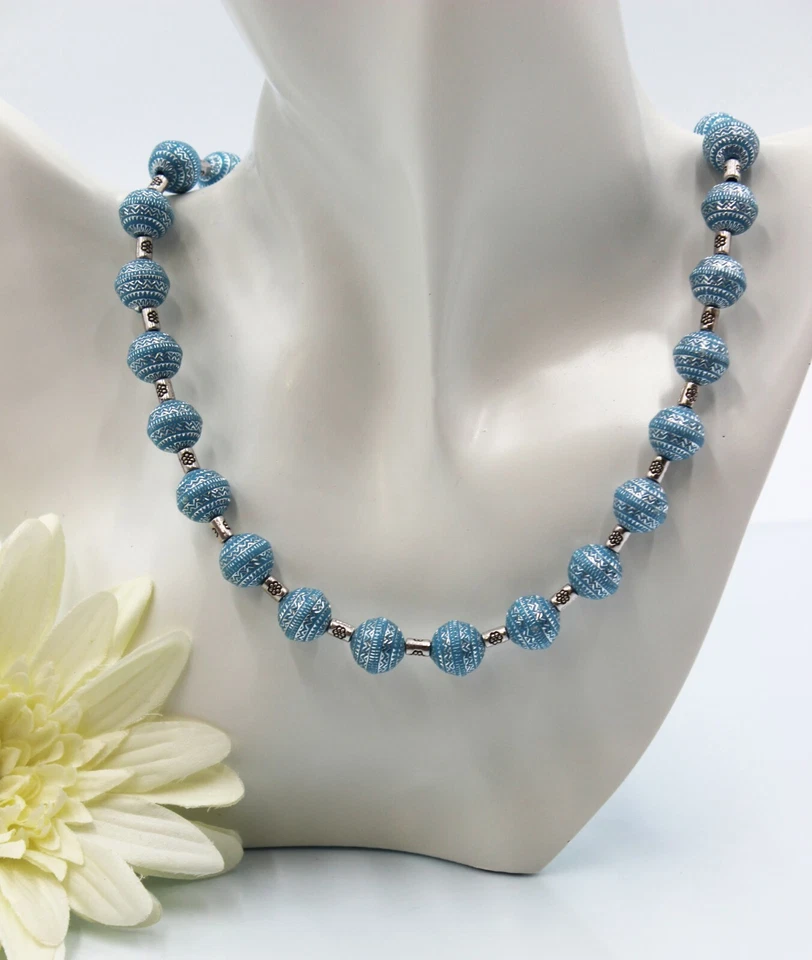 Collana In Argento Con Perle Di Acrilico Blu Hippie Boho Estate #M008 - Immagine 4 di 4