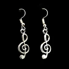 TREBLE CLEF EARRINGS 1" Silver Tone Stainless Steel Wires Music Musician Gift