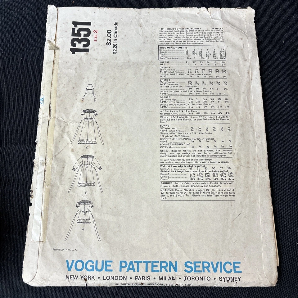 Dress Bonnet Prairie Little Girls 6 VOGUE 1351 Sewing Pattern VTG Cottagecore - Image 3 of 4